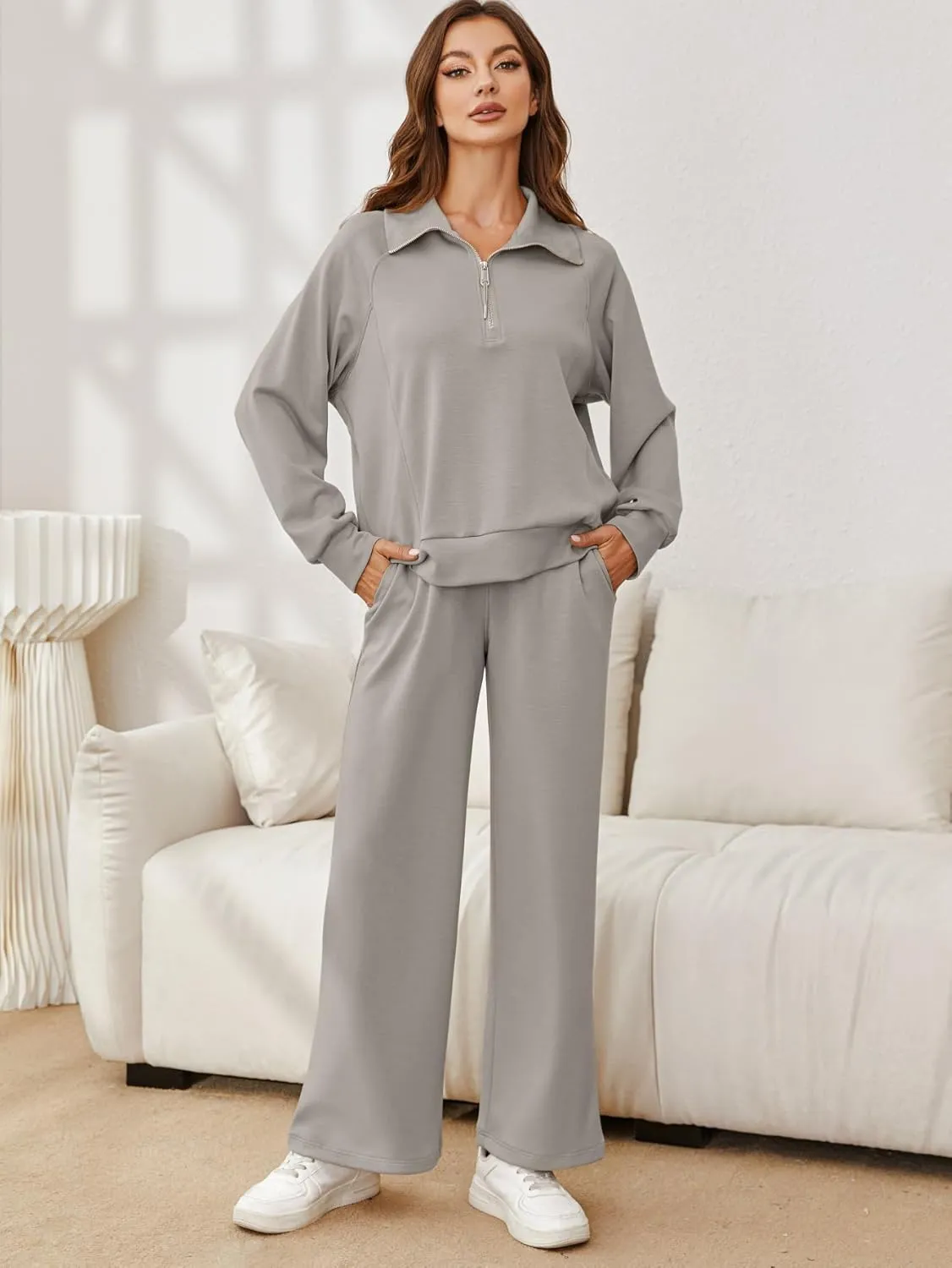 Glamaker Womens 2 Piece Outfits Sweatsuit Set Oversized Half Zip Sweatshirt Wide Leg Sweatpants Lounge Set Tracksuit