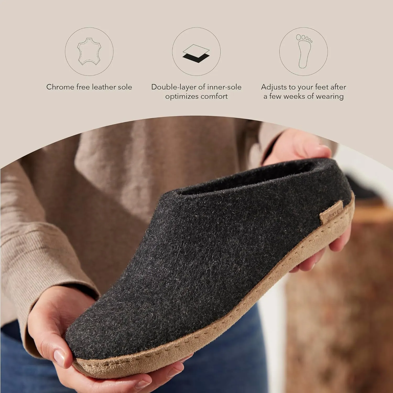 Glerups 100% Gotland Sheep Wool Slipper with leather sole - Unisex Slip-on