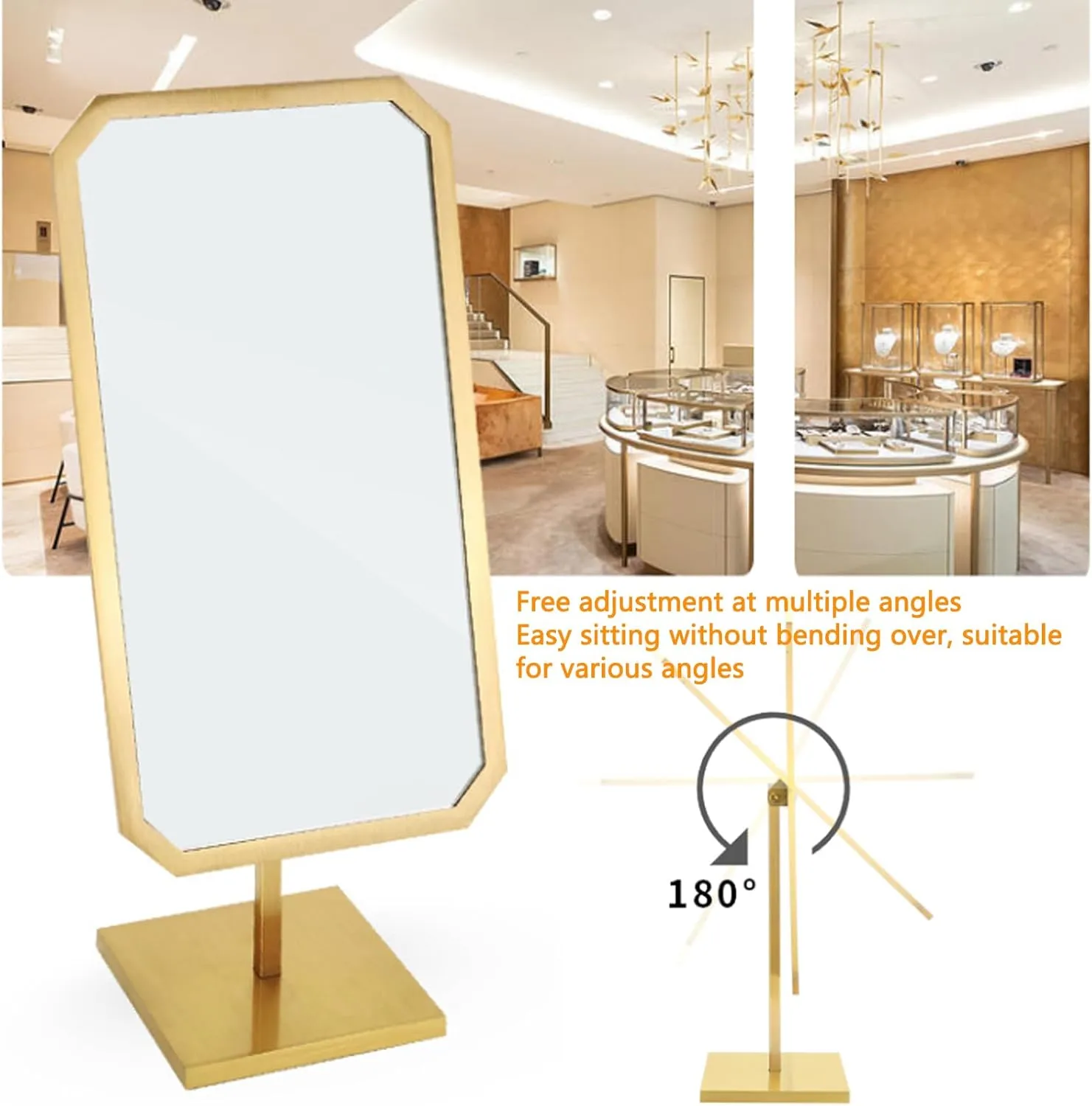 Gold Brushed Metal Makeup Mirror – HD 180° Swivel Countertop Vanity Mirror for Jewellery Store & Bedroom, Non-Slip Base,B
