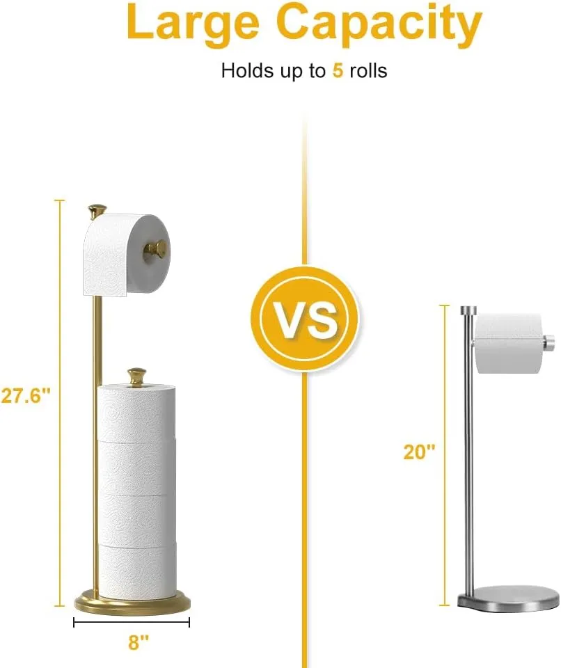 Gold Toilet Paper Holder Free Standing Holds 5 Rolls Toilet Paper Holder for Mega Rolls with Heavy Weighted Base