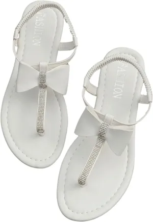 GORGLITTER Women's Bow Flip Flops Dressy T-Strap Thong Summer Flat Sandals Open Toe Rhinestone Slingback Slides