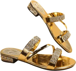 GORGLITTER Women's Gold Sandals Strappy Flat Sandals Summer Sparkly Sandals