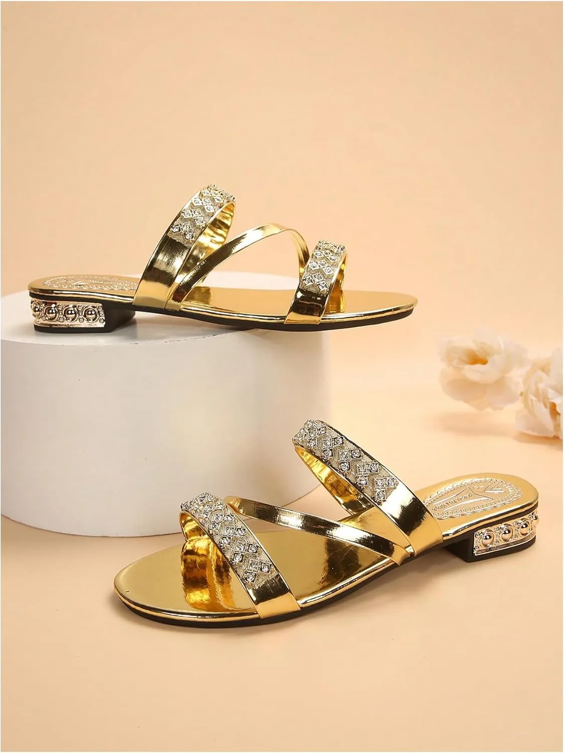 GORGLITTER Women's Gold Sandals Strappy Flat Sandals Summer Sparkly Sandals