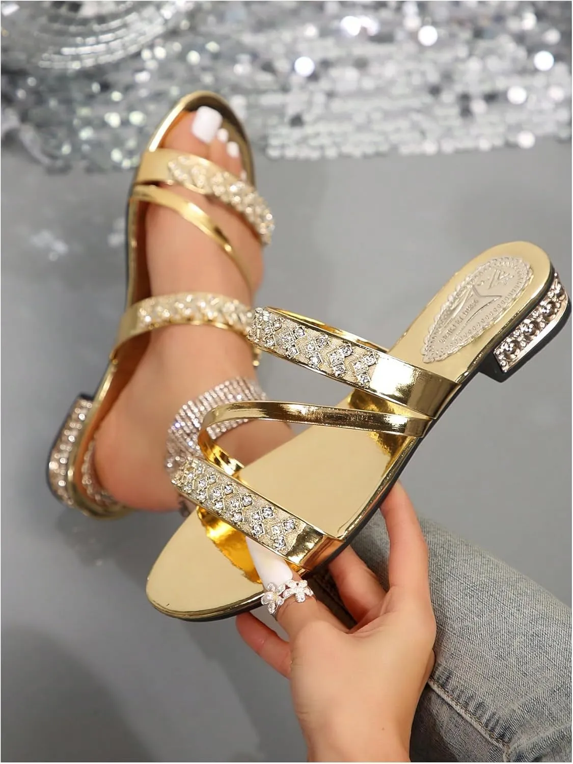 GORGLITTER Women's Gold Sandals Strappy Flat Sandals Summer Sparkly Sandals