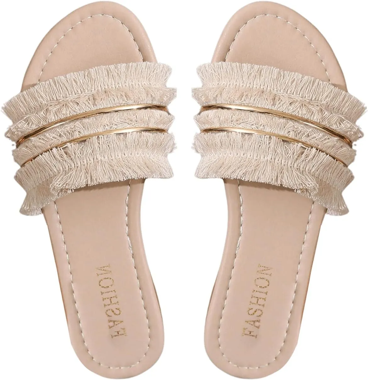 GORGLITTER Women's Summer Beach Flat Sandals Dressy Open Toe Fringe Slip On Slide Sandals
