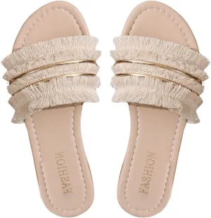 GORGLITTER Women's Summer Beach Flat Sandals Dressy Open Toe Fringe Slip On Slide Sandals
