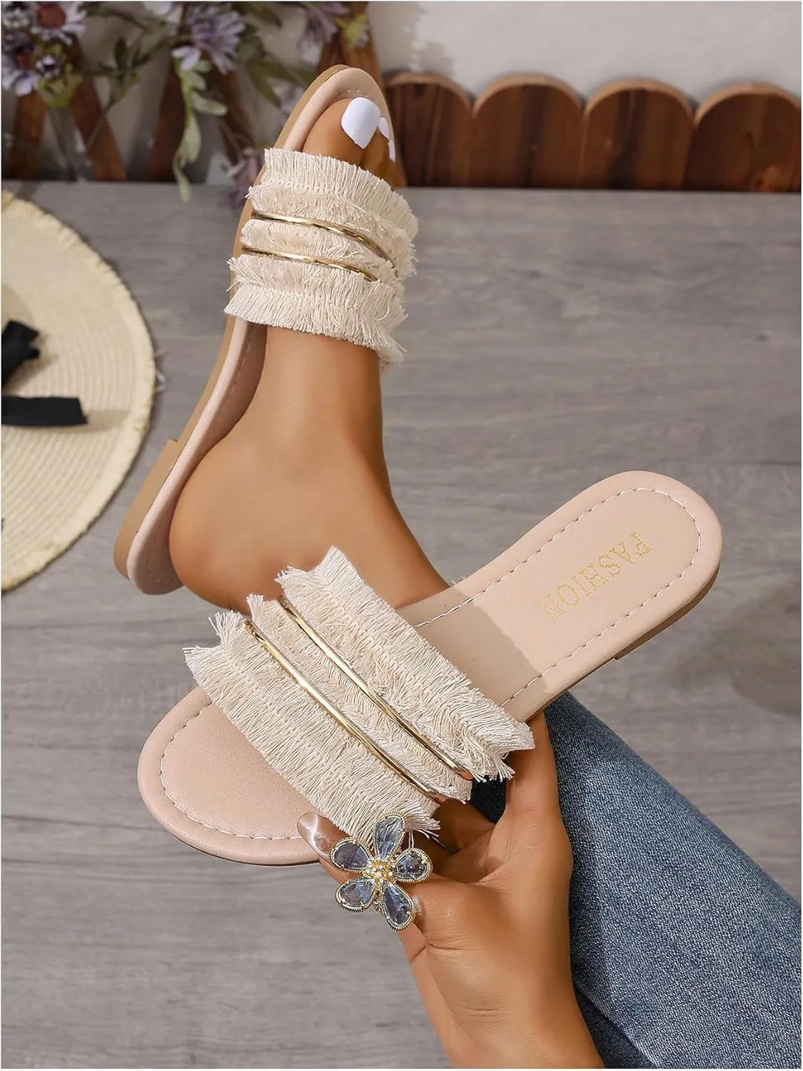 GORGLITTER Women's Summer Beach Flat Sandals Dressy Open Toe Fringe Slip On Slide Sandals