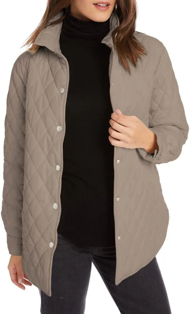 Grlasen Women's Lightweight Quilted Jacket Stand Collar Single-breasted Long Sleeve Warm Oversized Coat with Pockets