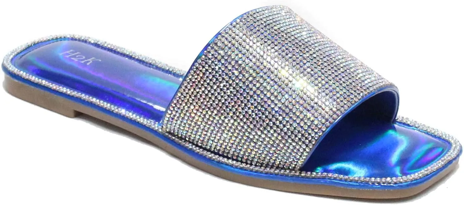 H2K Womens Glitter Bling Fancy Slide Flat Low Wedge Sparkle Sandals Shoes Dream