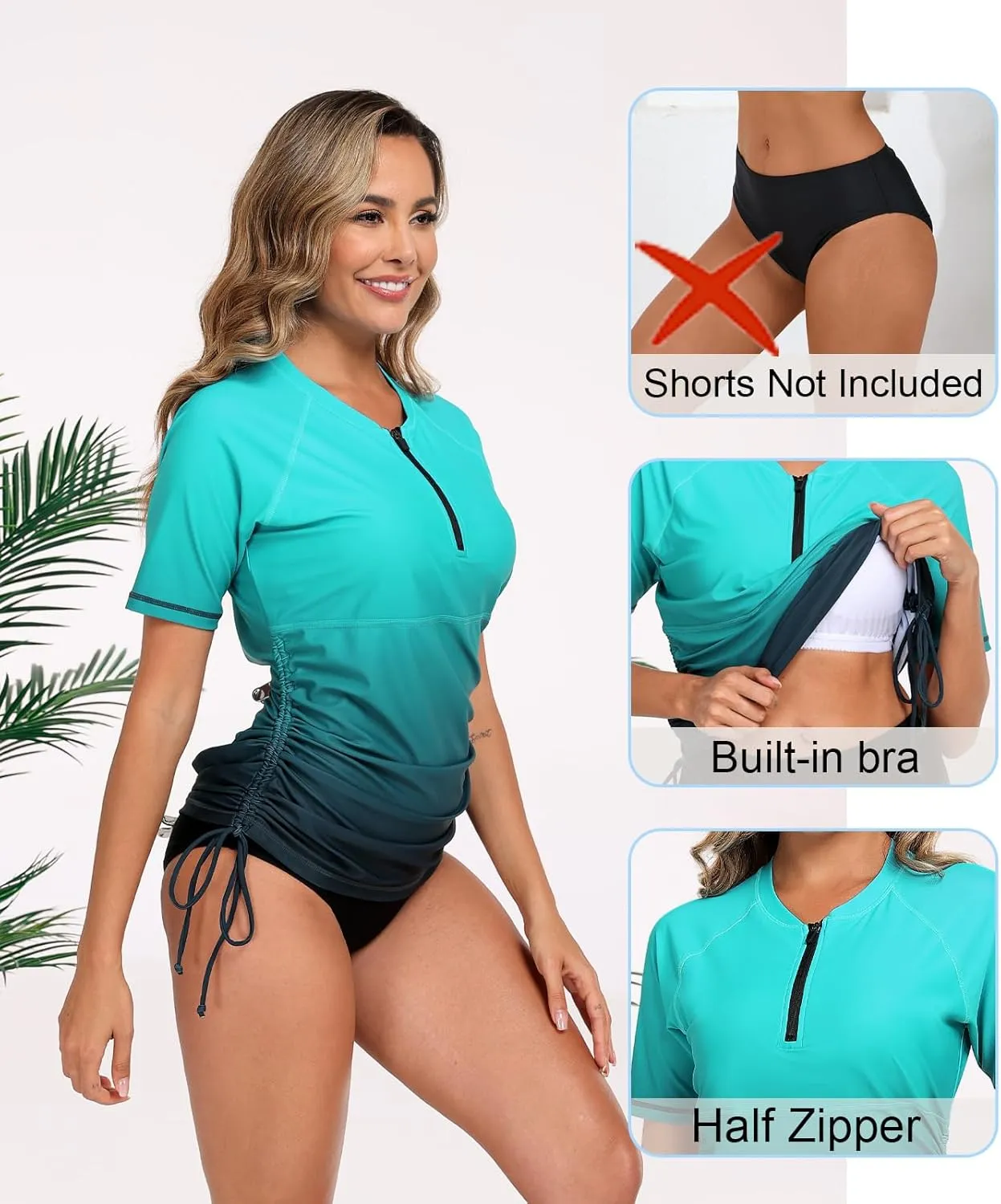 Halcurt Women's Half Zip Short Sleeve Rash Guard Swim Top with Bra Drawstring Adjustable UPF50  Swimsuit