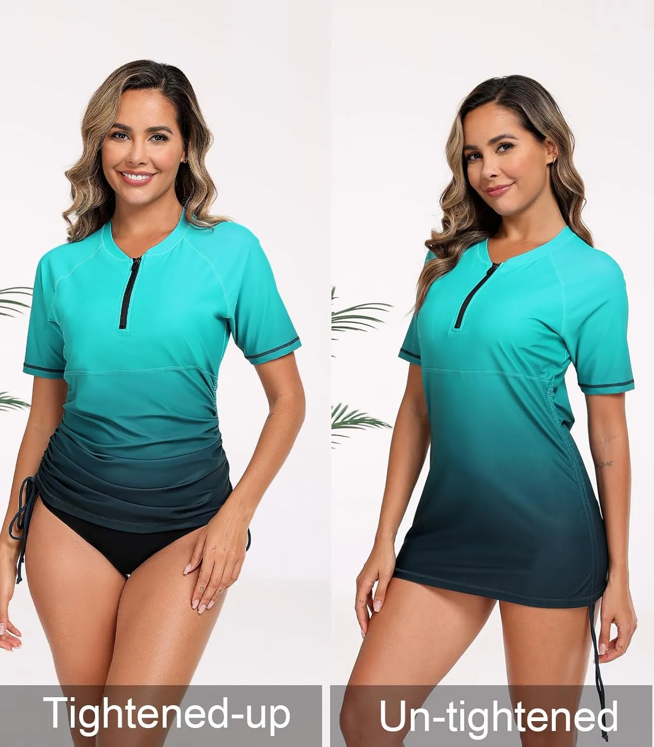 Halcurt Women's Half Zip Short Sleeve Rash Guard Swim Top with Bra Drawstring Adjustable UPF50  Swimsuit
