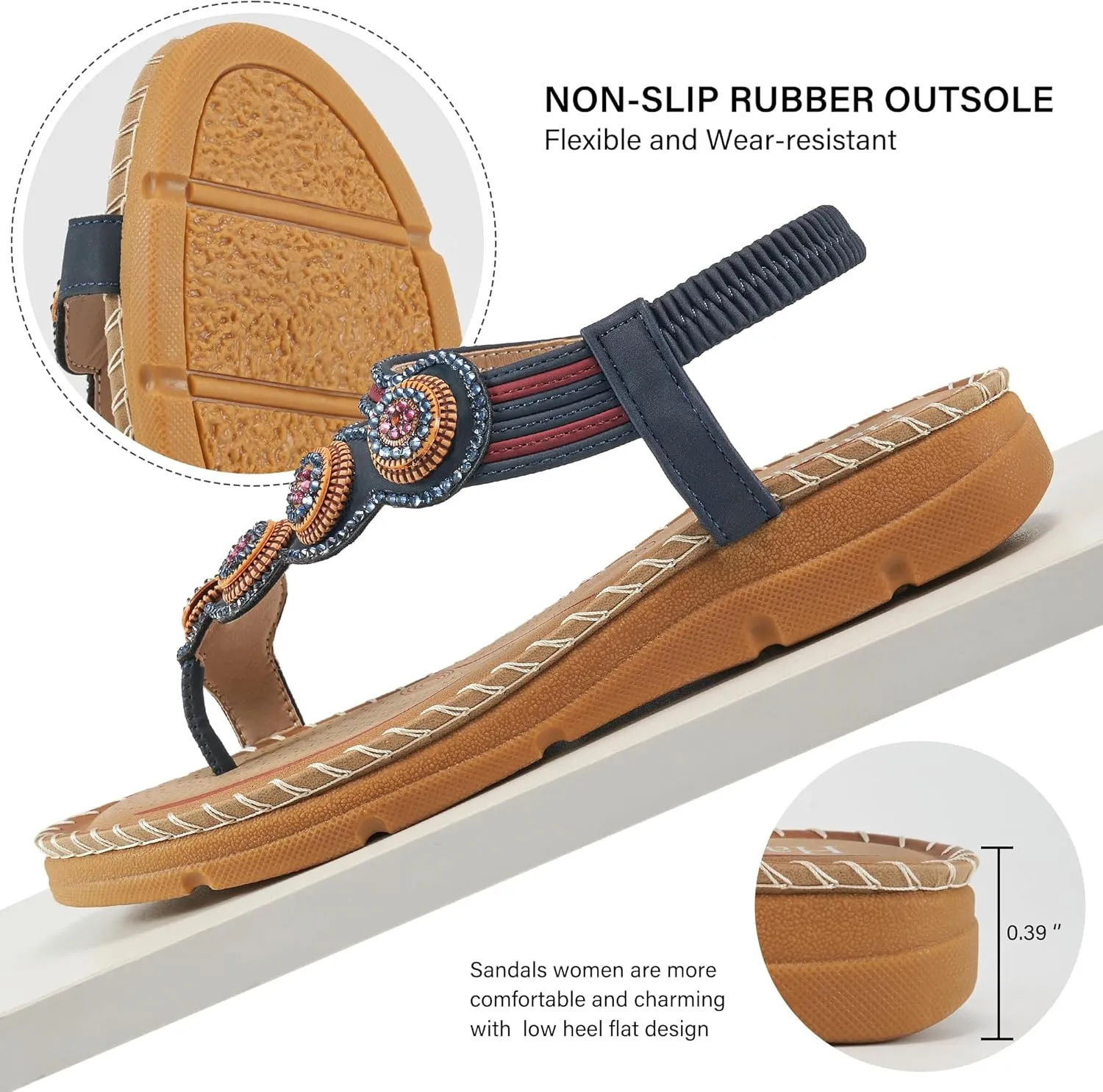 HARENCE Flat Sandals for Women Dressy: Comfortable Summer Flats Shoes Elastic Ankle Strap Bohemian Beaded Beach Sandal