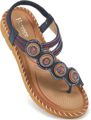 HARENCE Flat Sandals for Women Dressy: Comfortable Summer Flats Shoes Elastic Ankle Strap Bohemian Beaded Beach Sandal
