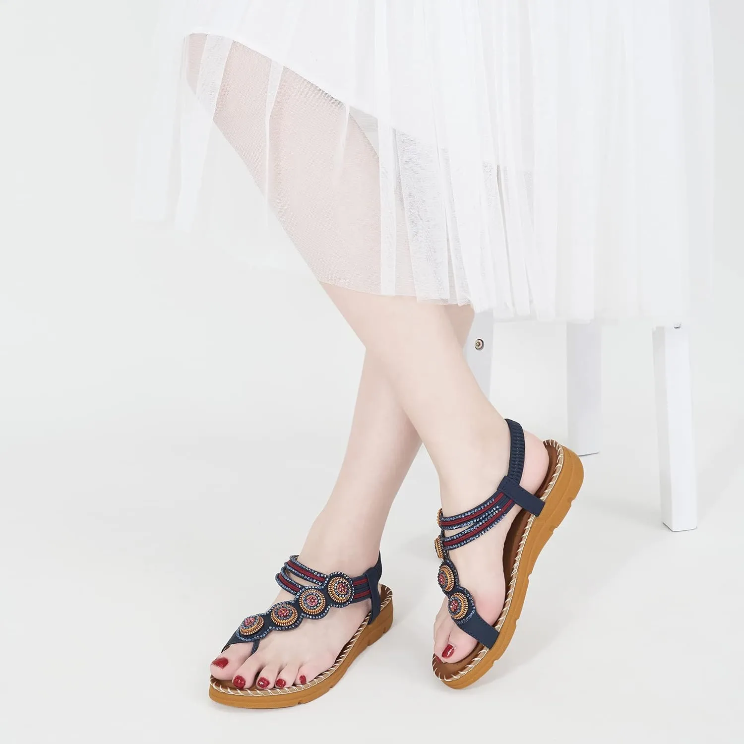 HARENCE Flat Sandals for Women Dressy: Comfortable Summer Flats Shoes Elastic Ankle Strap Bohemian Beaded Beach Sandal