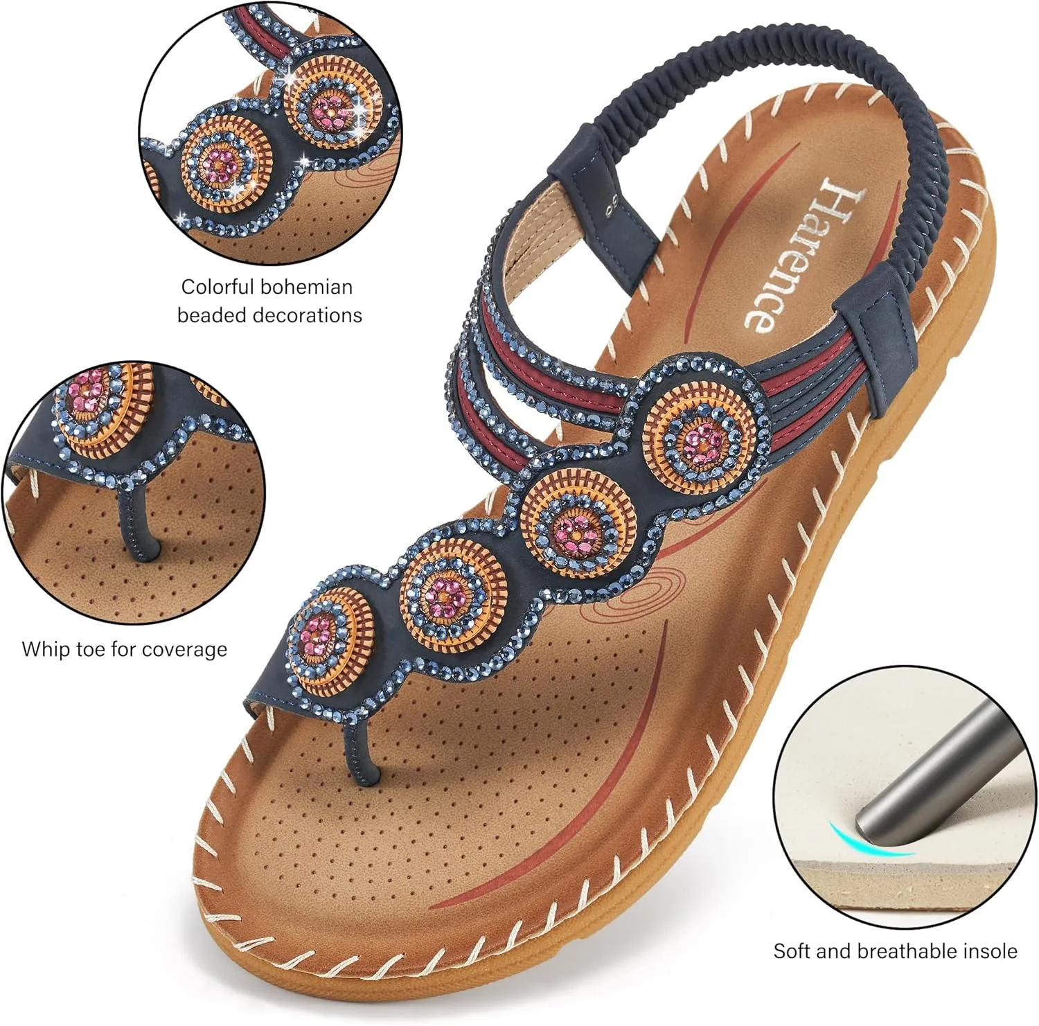 HARENCE Flat Sandals for Women Dressy: Comfortable Summer Flats Shoes Elastic Ankle Strap Bohemian Beaded Beach Sandal