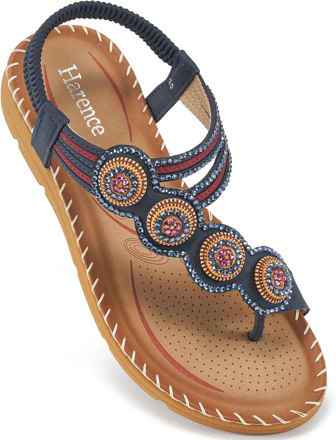 HARENCE Flat Sandals for Women Dressy: Comfortable Summer Flats Shoes Elastic Ankle Strap Bohemian Beaded Beach Sandal