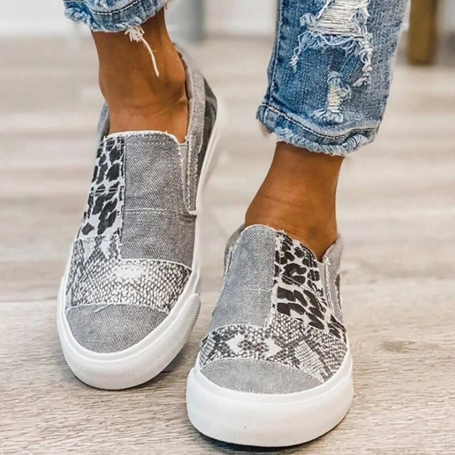 Hbeylia Platform Fashion Sneakers For Women Leopard Design Casual Low Top Canvas Shoes Trendy Chunky Bottom Heels Slip On Flats Loafers Driving Walking Shoes For Ladies