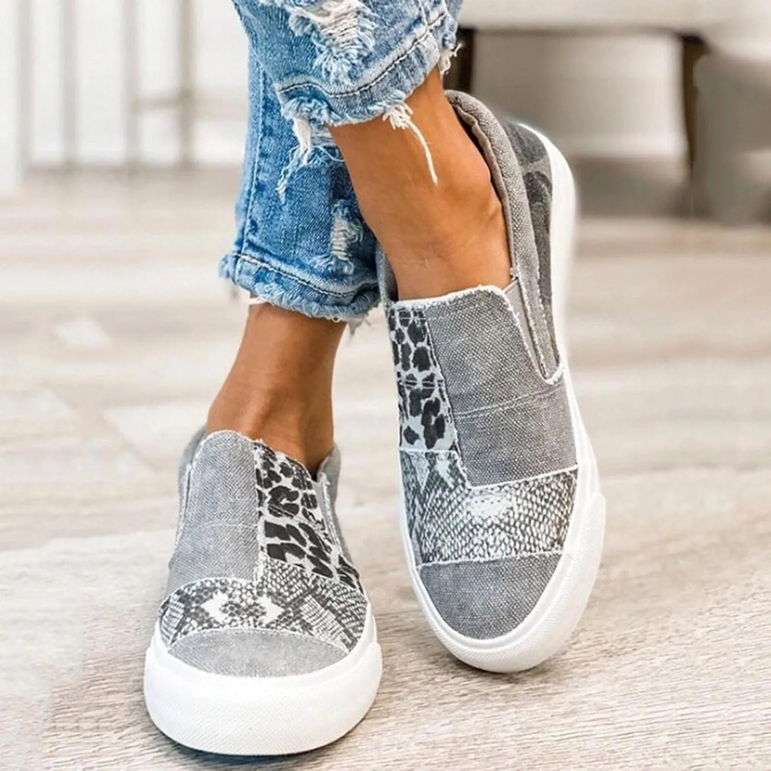 Hbeylia Platform Fashion Sneakers For Women Leopard Design Casual Low Top Canvas Shoes Trendy Chunky Bottom Heels Slip On Flats Loafers Driving Walking Shoes For Ladies