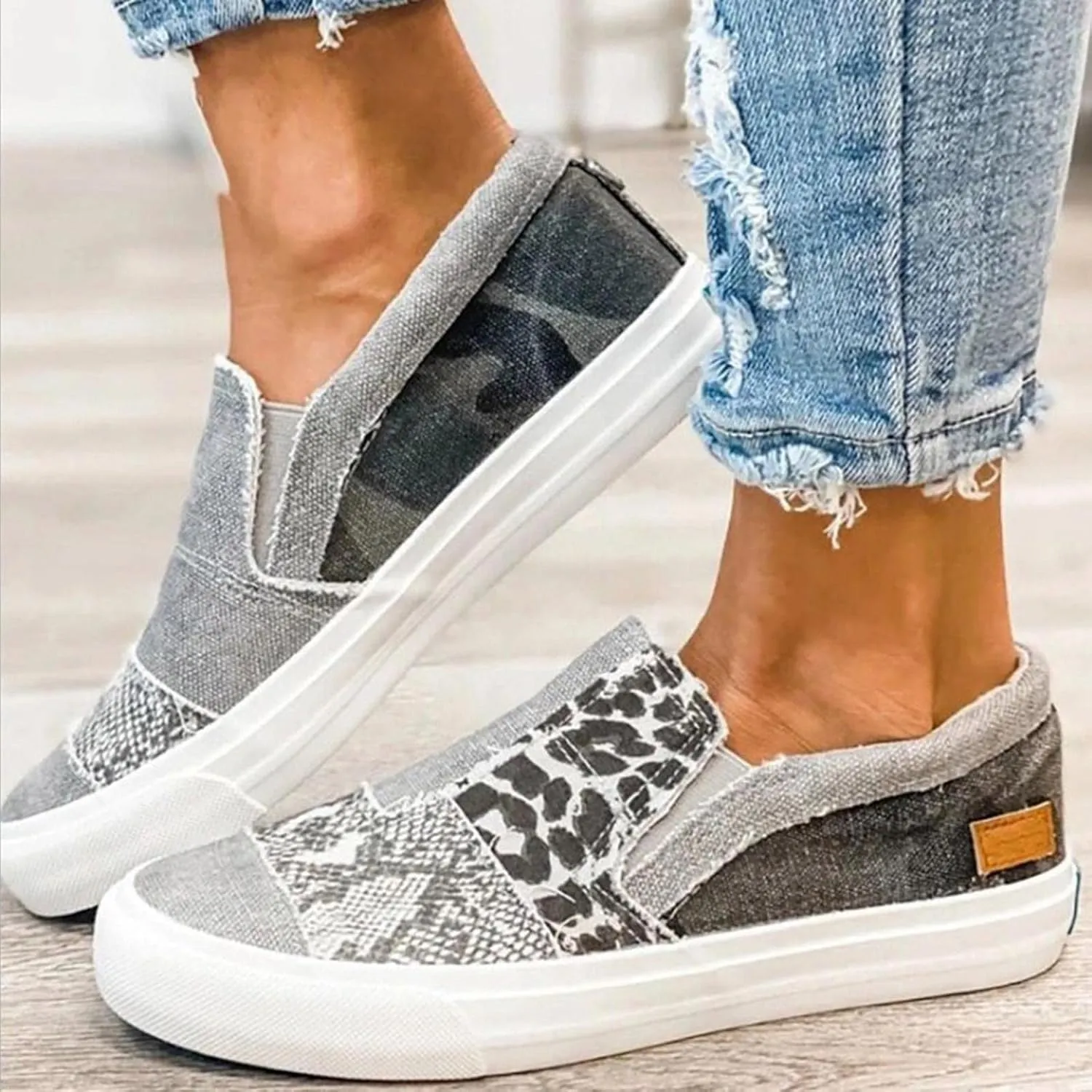 Hbeylia Platform Fashion Sneakers For Women Leopard Design Casual Low Top Canvas Shoes Trendy Chunky Bottom Heels Slip On Flats Loafers Driving Walking Shoes For Ladies