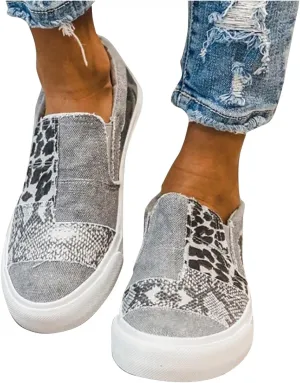 Hbeylia Platform Fashion Sneakers For Women Leopard Design Casual Low Top Canvas Shoes Trendy Chunky Bottom Heels Slip On Flats Loafers Driving Walking Shoes For Ladies
