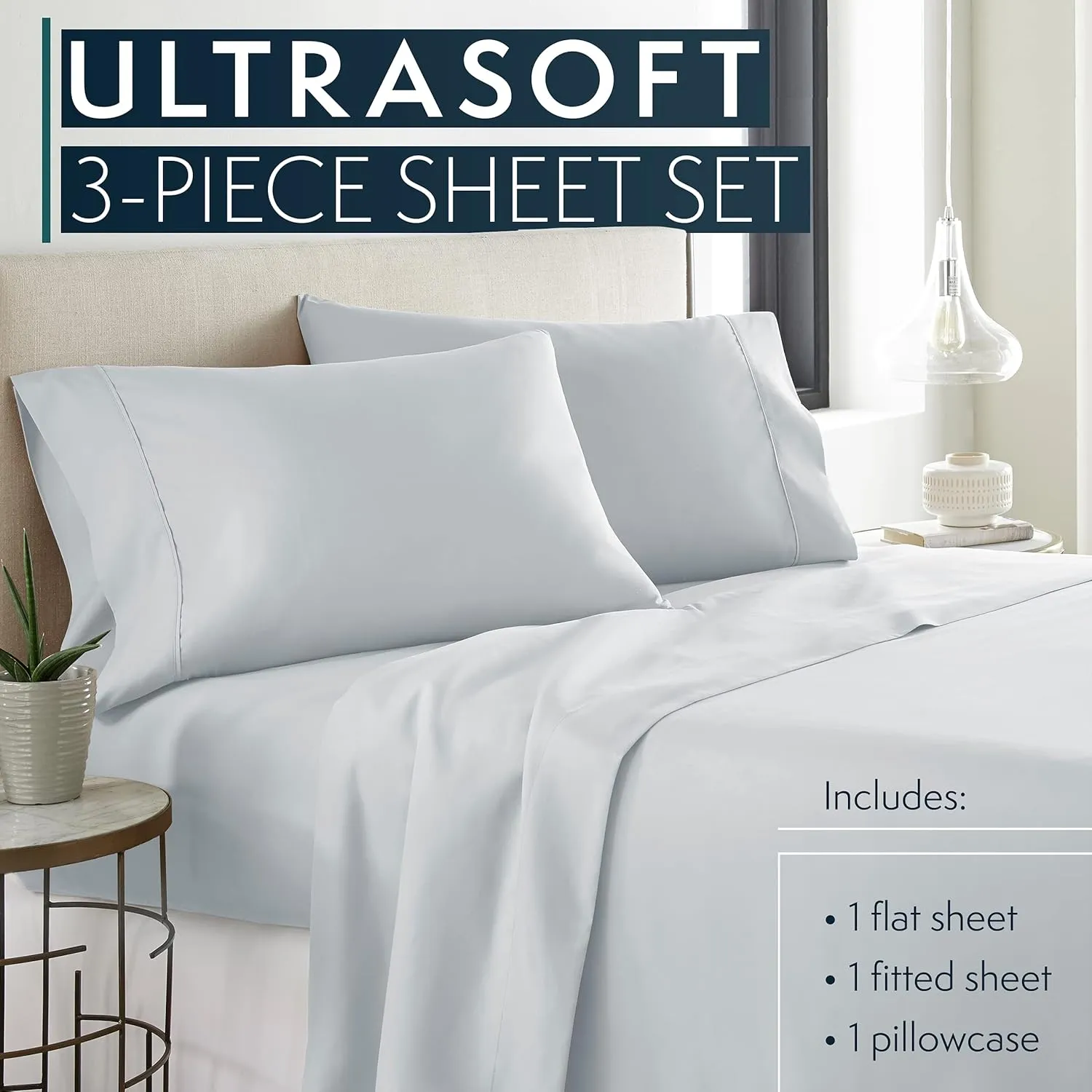 HC COLLECTION Bed Sheets Set Twin with 1 Pillowcase Hotel Luxury Brushed Microfiber Sheet w/Deep Pocket, Fade Resistant Ultra Soft Breathable Lightweight 3 Pcs Bedding Solid Color, Ice Blue