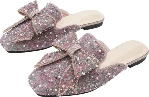 Hee grand Women Mules Bow-Knot Closed Square Toe Mules Fashion Rhinestones Flat Slippers Slip On Loafers Casual Flat Shoes