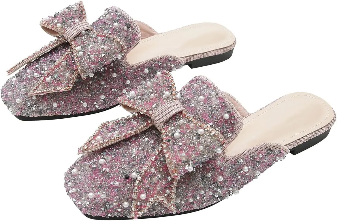Hee grand Women Mules Bow-Knot Closed Square Toe Mules Fashion Rhinestones Flat Slippers Slip On Loafers Casual Flat Shoes