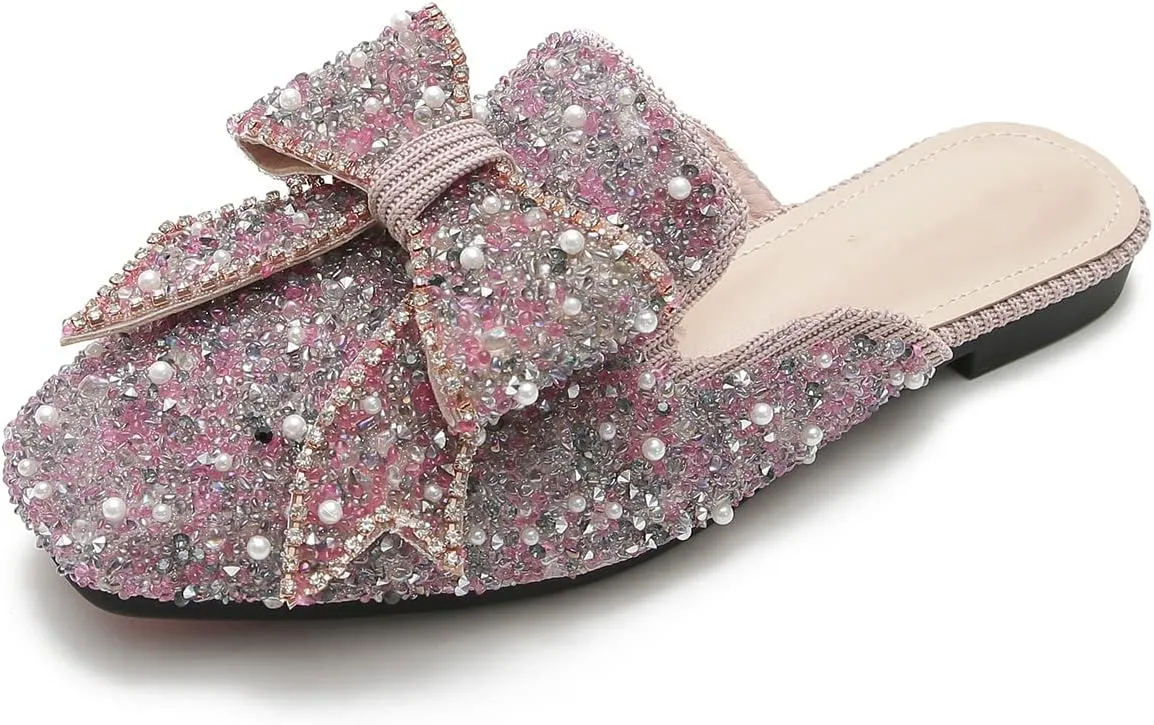 Hee grand Women Mules Bow-Knot Closed Square Toe Mules Fashion Rhinestones Flat Slippers Slip On Loafers Casual Flat Shoes