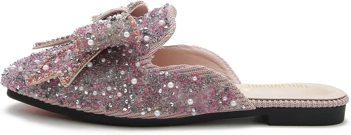 Hee grand Women Mules Bow-Knot Closed Square Toe Mules Fashion Rhinestones Flat Slippers Slip On Loafers Casual Flat Shoes