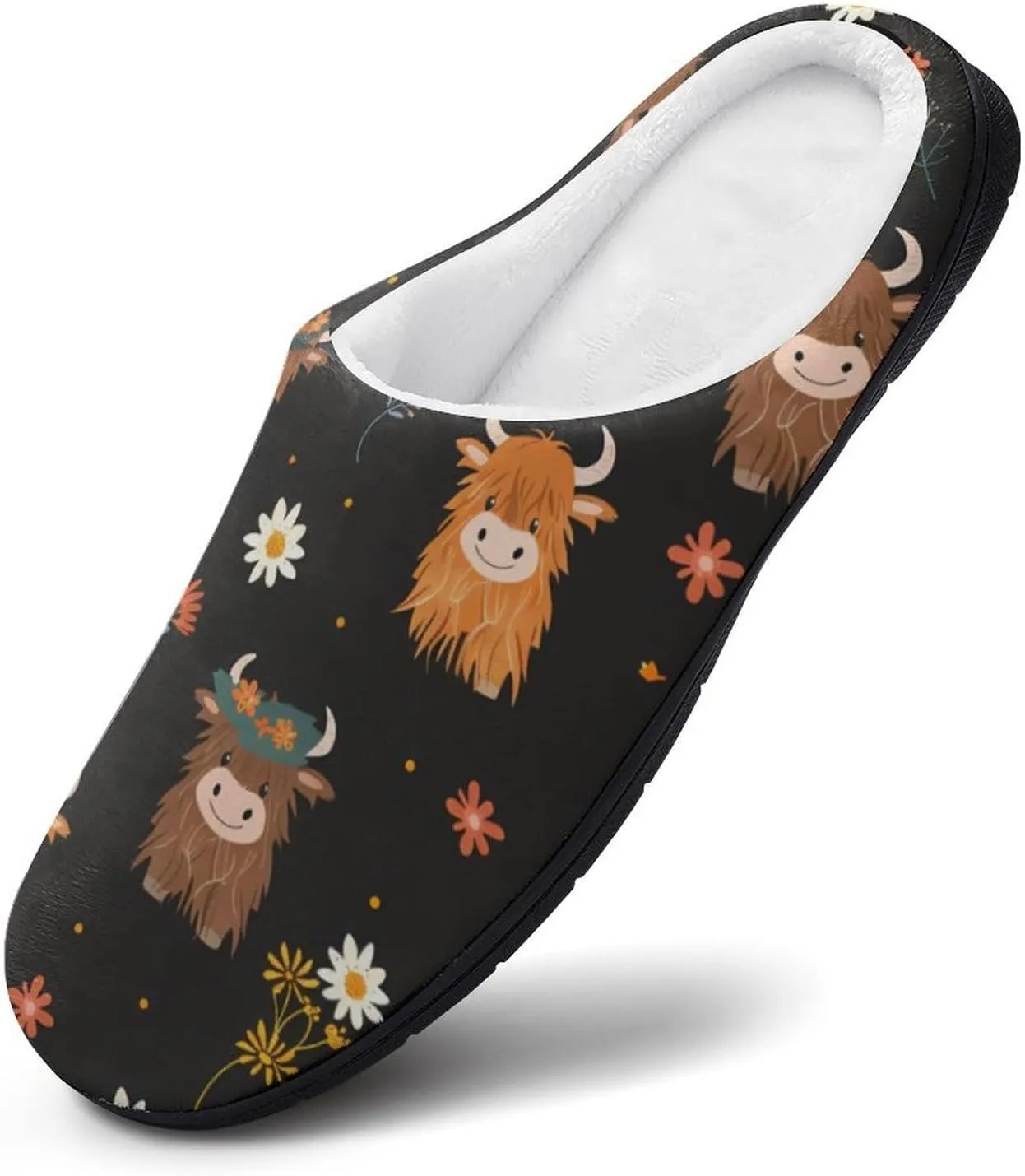 Highland Cow Floral Mens Slippers Casual Slip On Warm House Shoes with Rubber Sole Indoor Outdoor