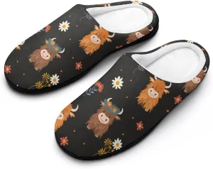 Highland Cow Floral Mens Slippers Casual Slip On Warm House Shoes with Rubber Sole Indoor Outdoor