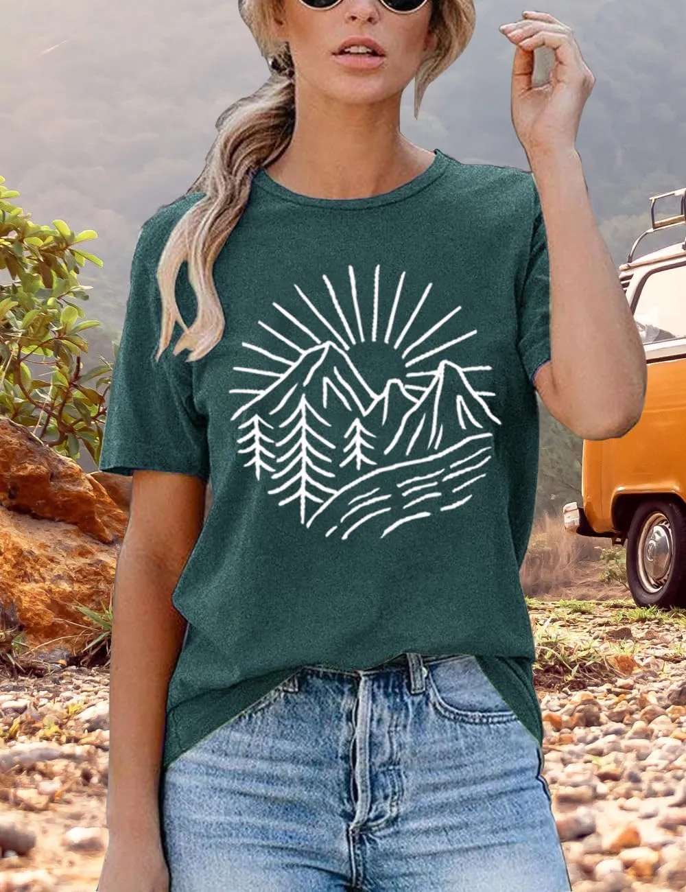 Hiking Mountain Tank Tops for Women Funny Pine Tree Sunrise Graphic Workout Tanks Summer Sleeveless Loose Fit Shirts Tops