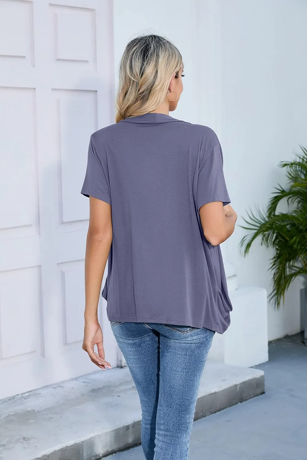 HIYIYEZI Open Front Cardigan Sweaters for Women with Pockets Lightweight Short Sleeve Ruffle Front Kimono Cardigan Duster