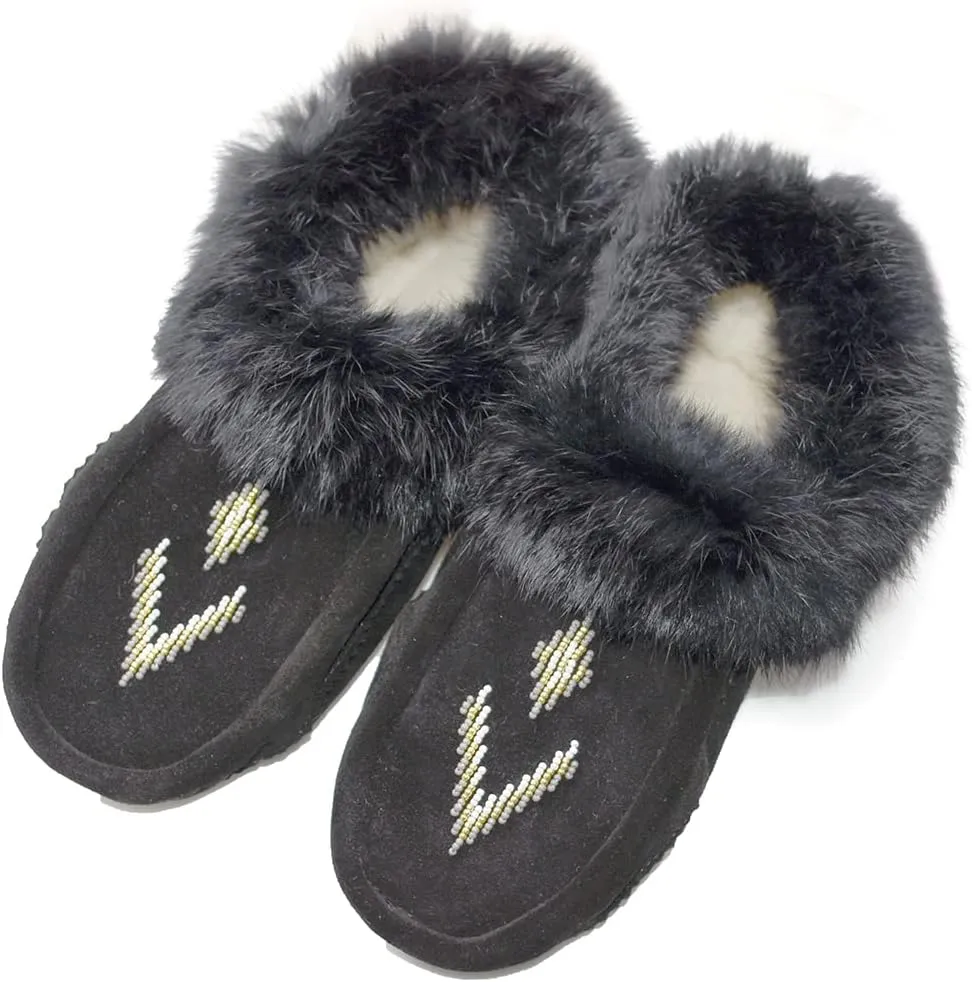 Hohokam Mukluks Women's Moccasin handmade Luxurious fuzzy rabbit fur collar house slippers