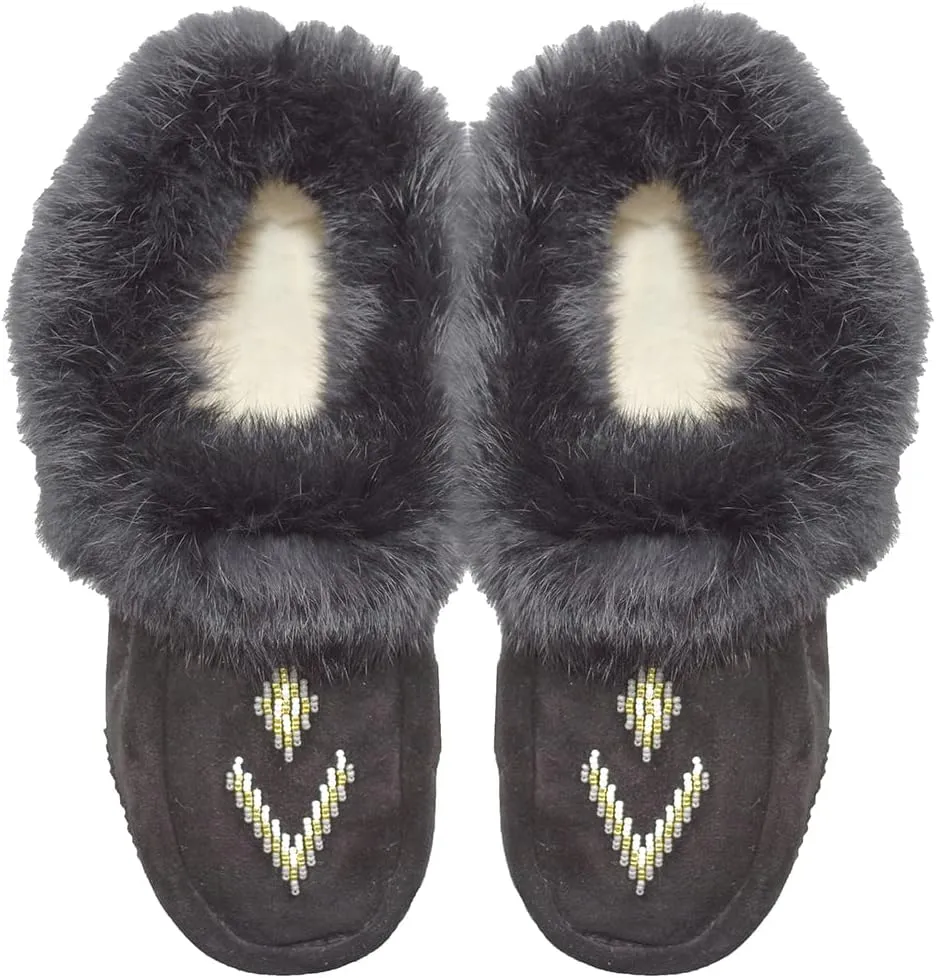 Hohokam Mukluks Women's Moccasin handmade Luxurious fuzzy rabbit fur collar house slippers