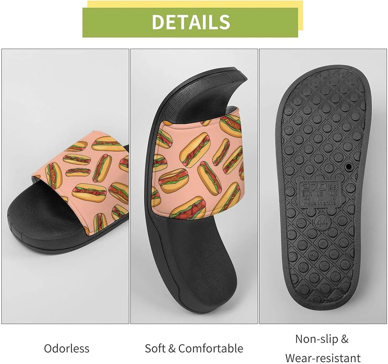 Hot Dogs with Wheat Buns Slippers for Women Men Anti-Slip Shower Slides Open Toe Slippers for Home Outdoor Beach