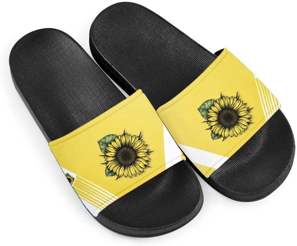 Howilath Novelty Sunflowers Pattern Slide Sandals for Women Girls, Comfotable Open Toe Non Slip Single Band Slide Sandals