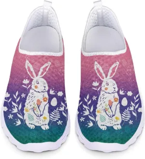 HUIACONG Easter Rabbit Walking Shoes for Women Lightweight Slip On Flat Gradient Ladies Tennis Shoes Size 9.5 Casual Breathable Sneakers Gym Yoga Shoes Loafers Comfy Mesh Running Footwear