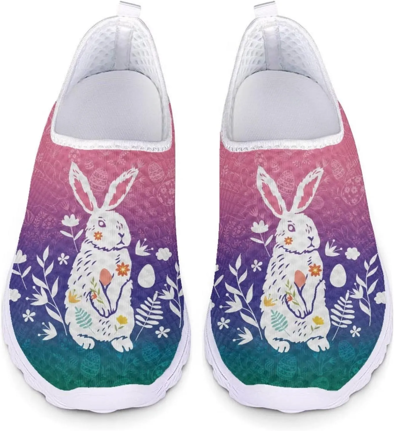 HUIACONG Easter Rabbit Walking Shoes for Women Lightweight Slip On Flat Gradient Ladies Tennis Shoes Size 9.5 Casual Breathable Sneakers Gym Yoga Shoes Loafers Comfy Mesh Running Footwear