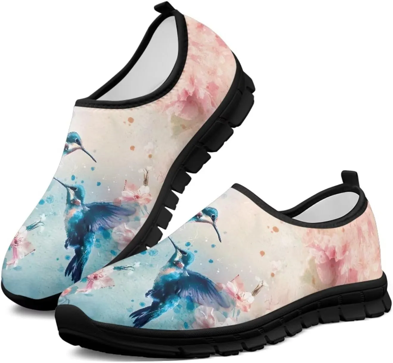 Hummingbirds Print Soft Loafers for Women Casual Trekking Mesh Shoes Non-Slip Walking Flat Shoes for All Seasons