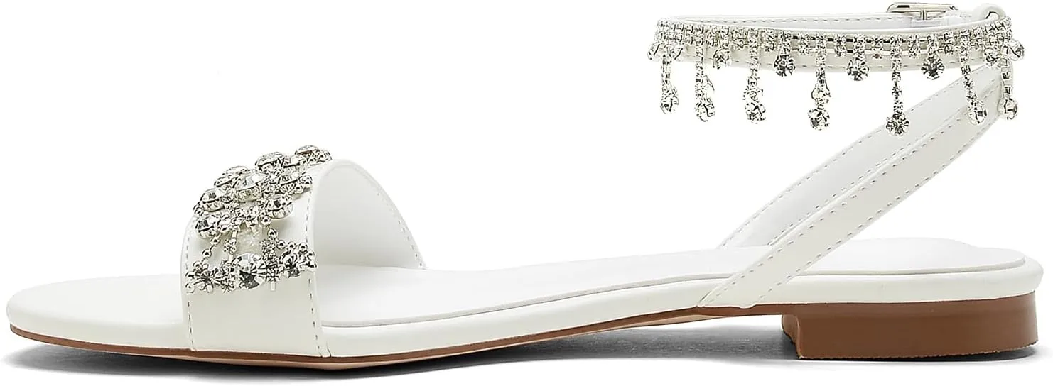 Hyinlays Women's Casual Dresssy Wedding Sandals for Bride Comfy Dress Summer Shoes Rhinestone Open Toe Flat Sandals for Summer Wedding