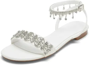 Hyinlays Women's Casual Dresssy Wedding Sandals for Bride Comfy Dress Summer Shoes Rhinestone Open Toe Flat Sandals for Summer Wedding