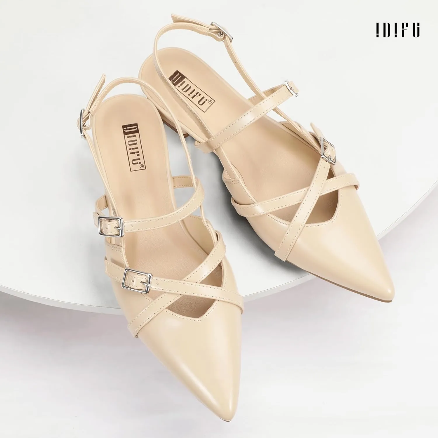 IDIFU Slingback Flats for Women Closed Pointed Toe Strappy Buckle Dress Shoes Wedding Prom Bridal Work Office Casual Formal Ladies Flats Comfortable Fashion Trendy Dressy Crisscross Flat Shoes
