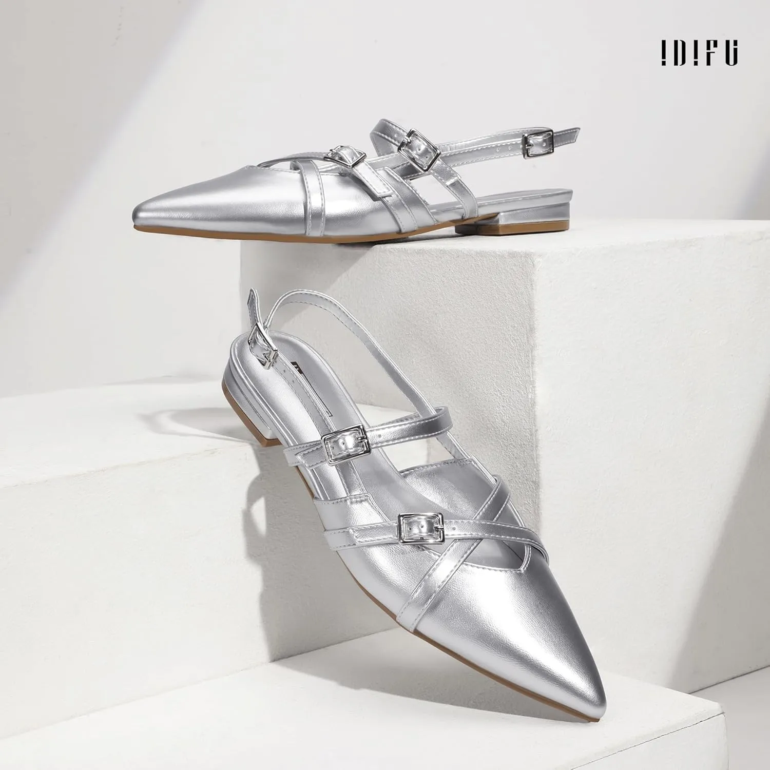 IDIFU Slingback Flats for Women Closed Pointed Toe Strappy Buckle Dress Shoes Wedding Prom Bridal Work Office Casual Formal Ladies Flats Comfortable Fashion Trendy Dressy Crisscross Flat Shoes