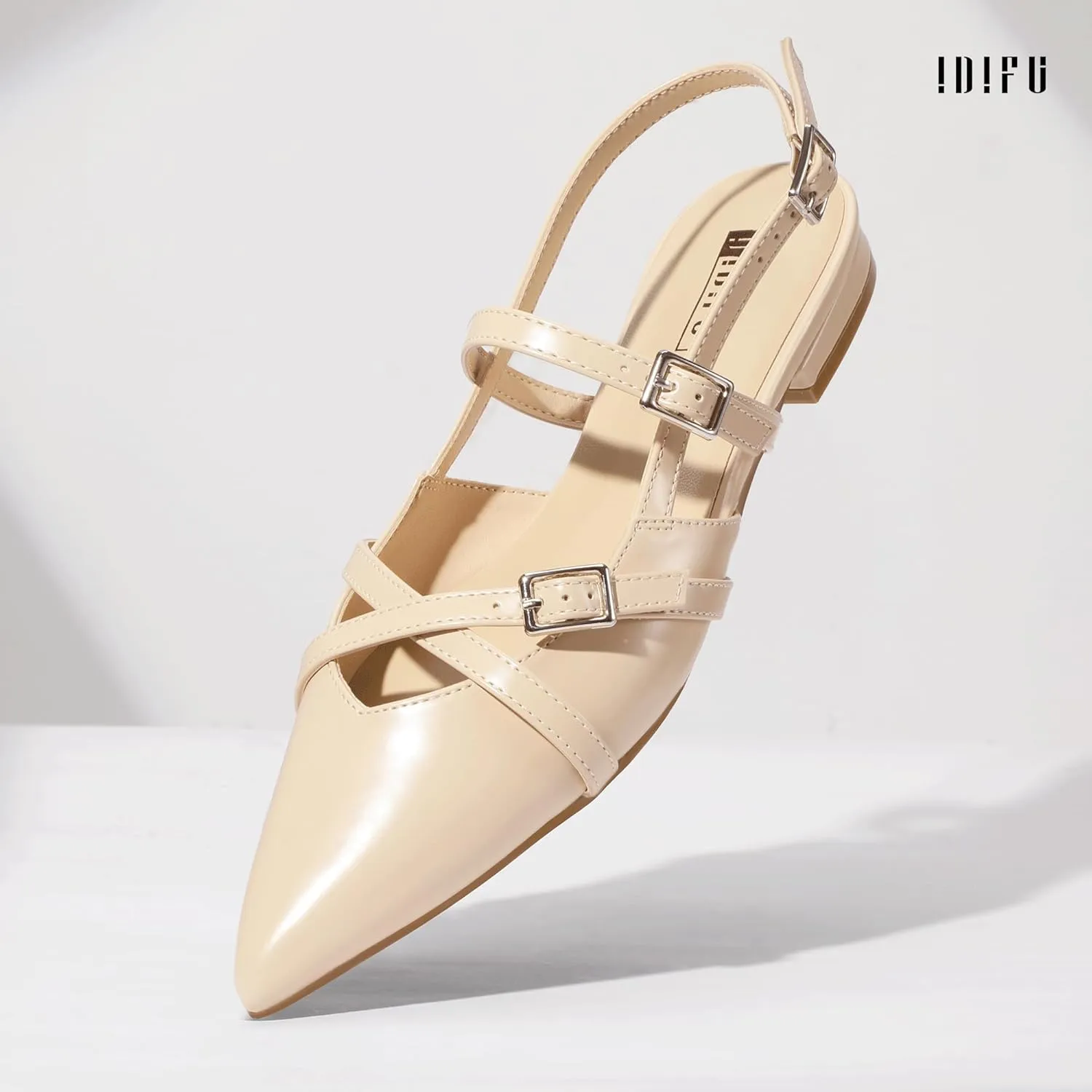 IDIFU Slingback Flats for Women Closed Pointed Toe Strappy Buckle Dress Shoes Wedding Prom Bridal Work Office Casual Formal Ladies Flats Comfortable Fashion Trendy Dressy Crisscross Flat Shoes
