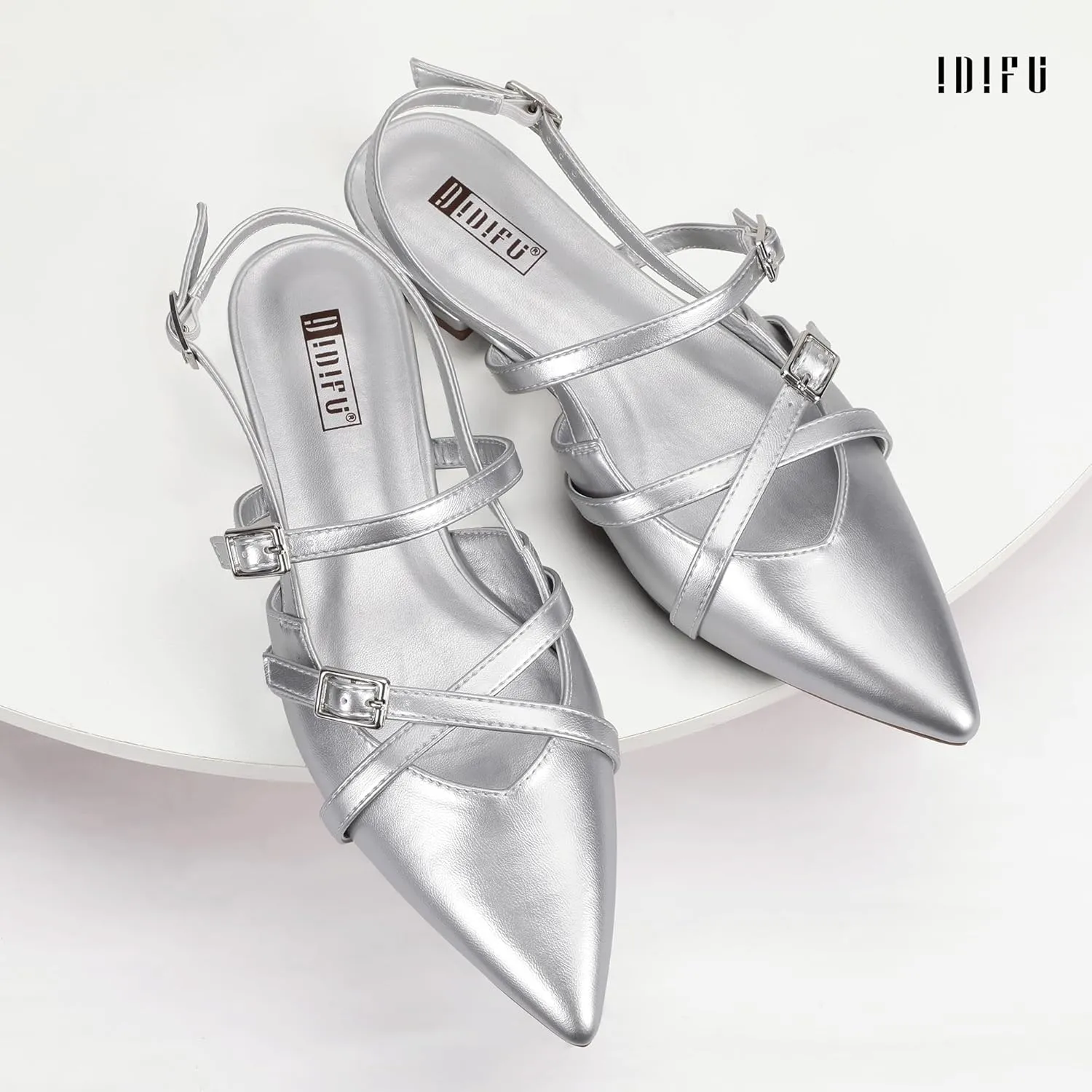 IDIFU Slingback Flats for Women Closed Pointed Toe Strappy Buckle Dress Shoes Wedding Prom Bridal Work Office Casual Formal Ladies Flats Comfortable Fashion Trendy Dressy Crisscross Flat Shoes