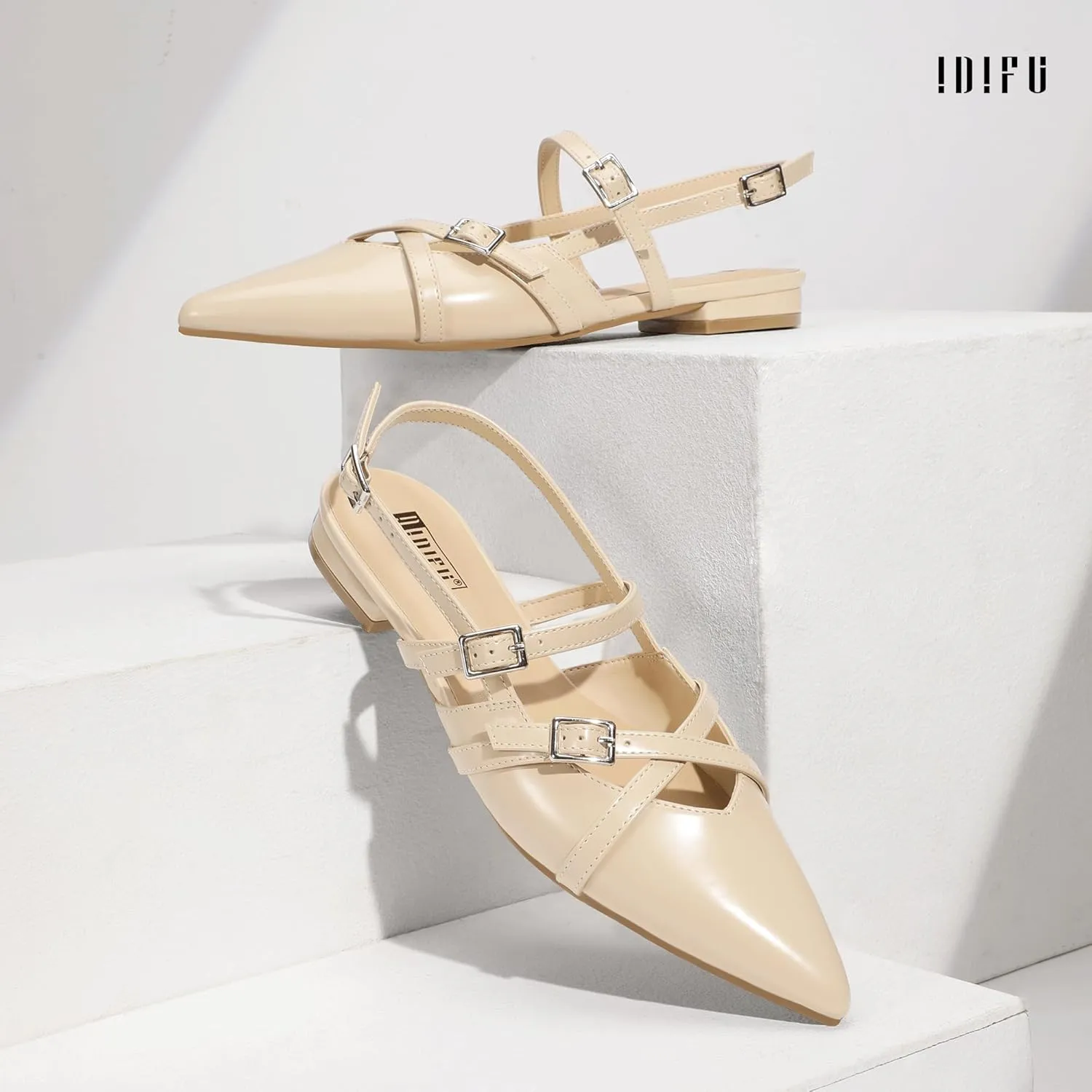 IDIFU Slingback Flats for Women Closed Pointed Toe Strappy Buckle Dress Shoes Wedding Prom Bridal Work Office Casual Formal Ladies Flats Comfortable Fashion Trendy Dressy Crisscross Flat Shoes