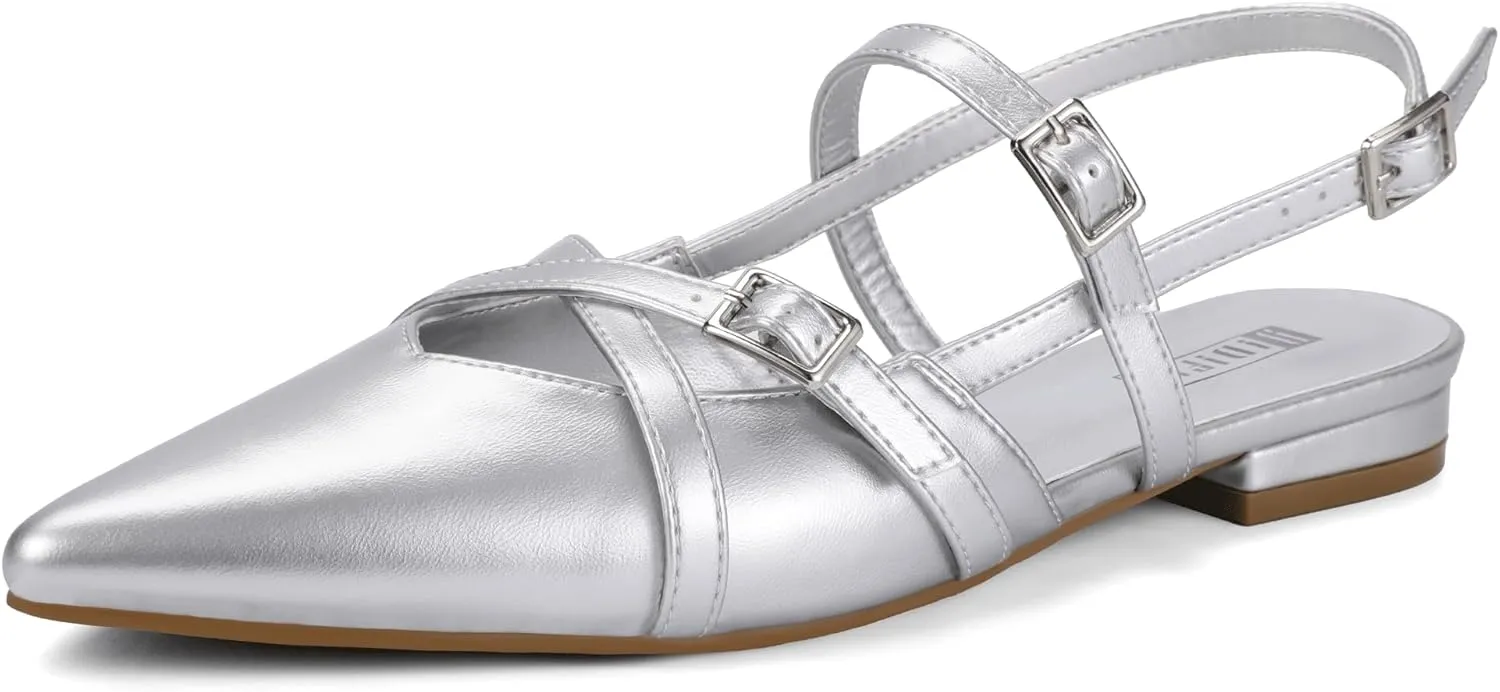 IDIFU Slingback Flats for Women Closed Pointed Toe Strappy Buckle Dress Shoes Wedding Prom Bridal Work Office Casual Formal Ladies Flats Comfortable Fashion Trendy Dressy Crisscross Flat Shoes