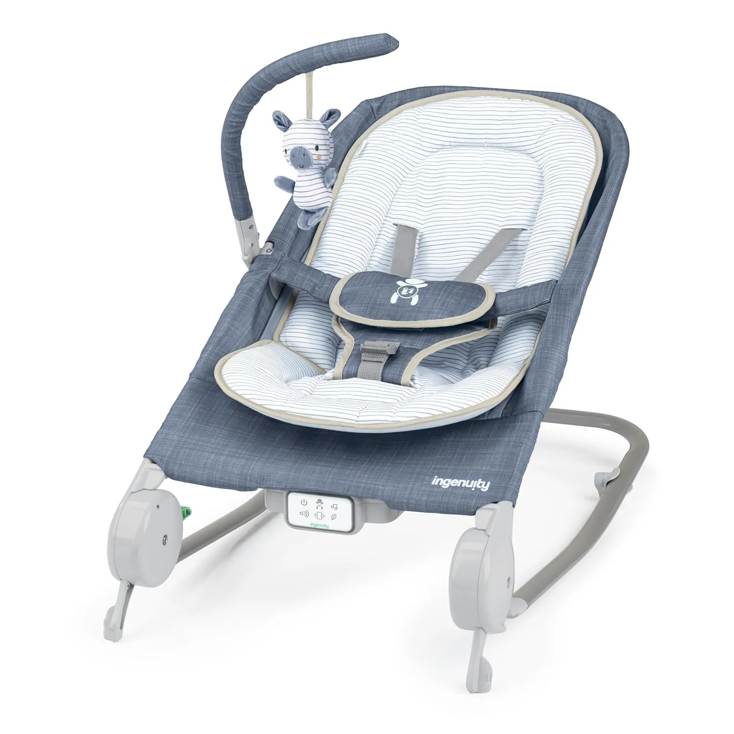 Ingenuity Gas Relief and Anti-Colic Baby Bouncer Seat and Rocker, Gentle Belly Message to Relax and Soothe Bellies, Instant Tummy Soother, 20 Songs and Melodies – Chambray Blue