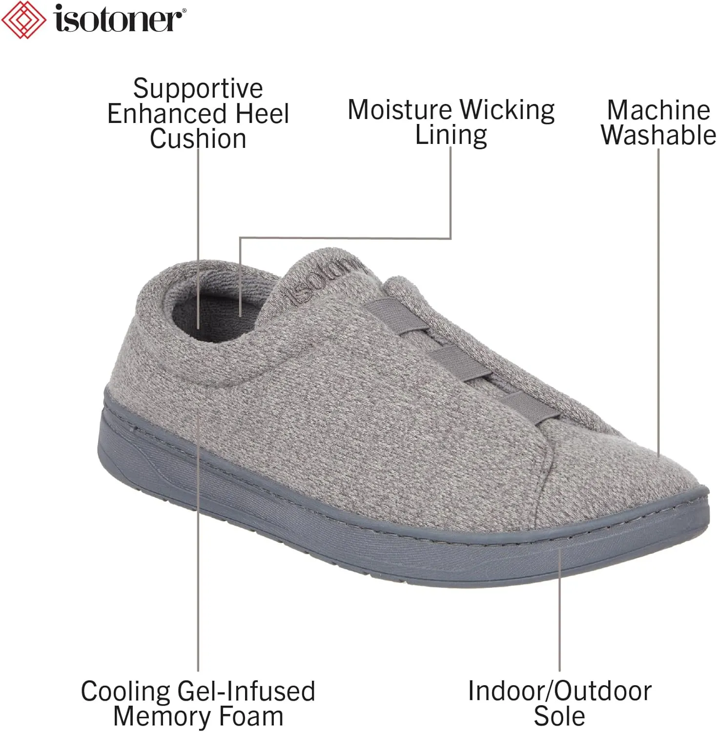 isotoner Men's Heathered Knit Brady Closed Back Slipper-Moisture-Wicking with Gel Infused Memory Foam
